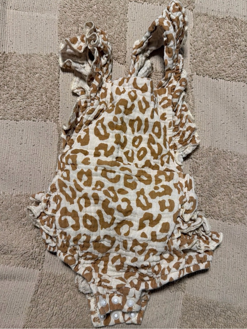 Leopard-Print Ruffle Baby One-Piece Bodysuit in White and Brown
